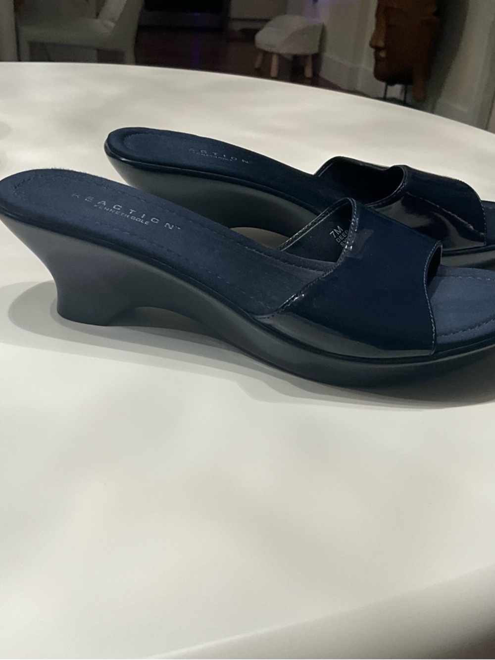 Kenneth Cole Navy Patent Slide Mules